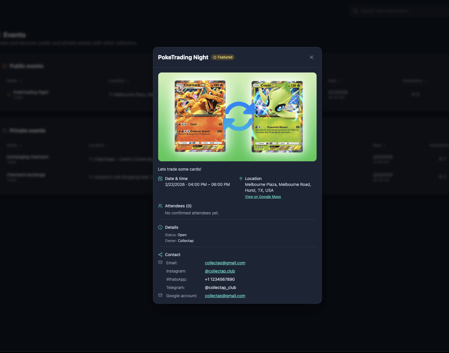 Collectap community event details with a proposed card trade