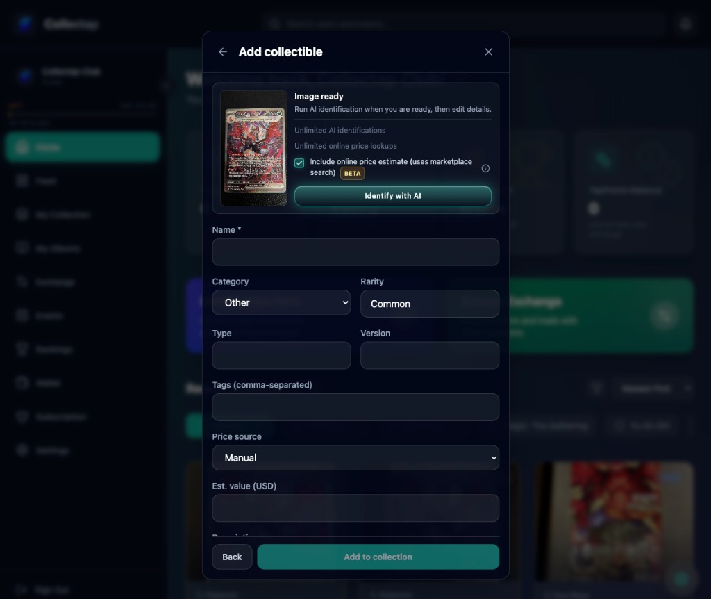 Collectap add collectible modal with AI identification and item details form